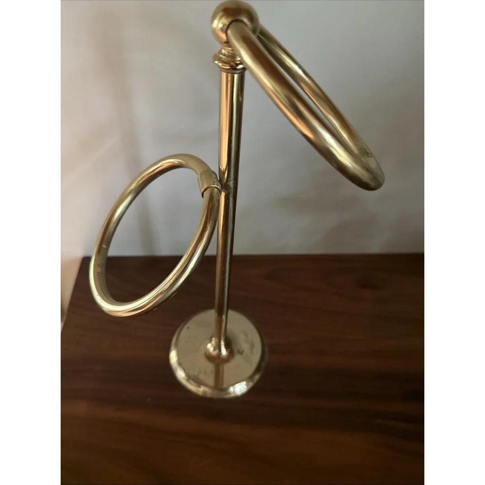 VTG Brass Double Towel Ring Stand Freestanding Vanity Bath  Aged Patina 12